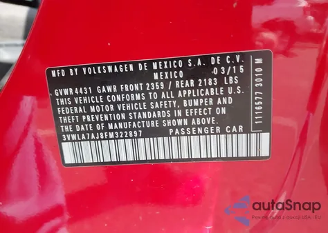 2015 Volkswagen Jetta 2.0L Tdi S из США, поврежденный, VIN 3VWLA7AJ8FM322897